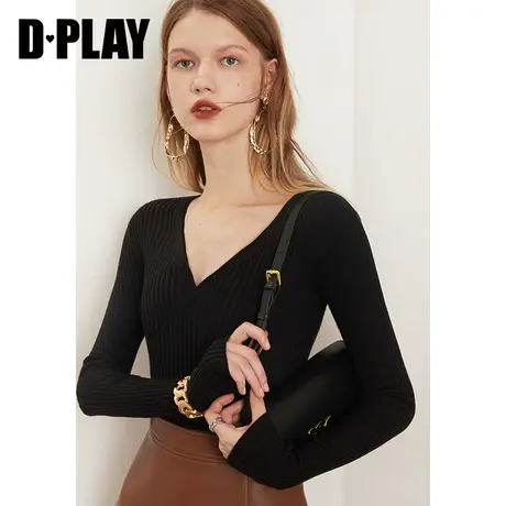 DPLAY秋装新款通勤简约黑色大V领修身显瘦打底针织小衫图片