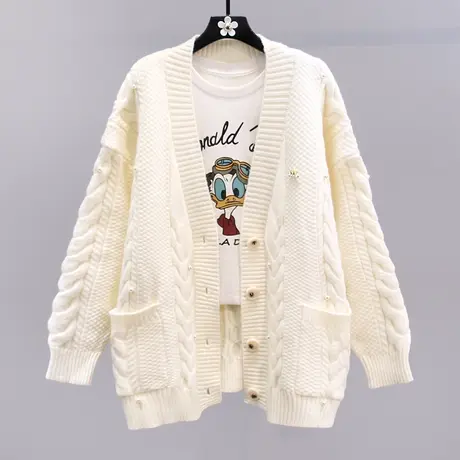 日系复古慵懒风麻花毛衣外套女秋冬2023新款宽松中长款针织开衫图片