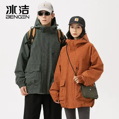 冰洁格子男女同款情侣外套男女春季2024新款中性防风登山工装夹克商品大图