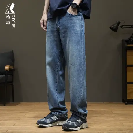 希越复古水洗牛仔裤男2024春季新款宽松大码休闲男士弹力直筒长裤商品大图
