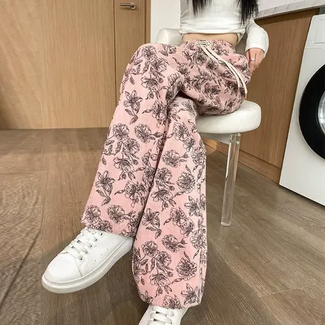 粉色印花休闲裤女2024春季新款宽松显瘦高腰垂感窄版直筒阔腿裤子图片