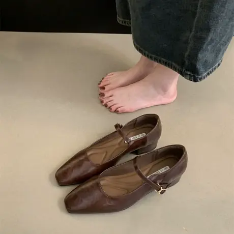 粗跟方头黑色毛毛单鞋女鞋子2024新款春秋季加绒法式玛丽珍晚晚鞋商品大图