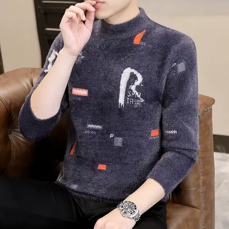 秋冬季半高领男孩初中学生大童内搭加绒加厚水貂绒打底衫保暖毛衣商品大图