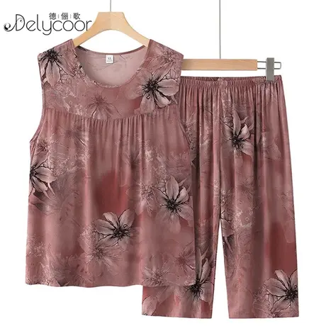 奶奶棉绸睡衣夏季妈妈坎肩老太太无袖背心家居服套装中老年人女装商品大图