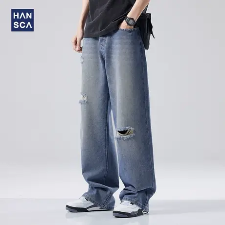 hansca破洞宽松直筒牛仔裤男春季新款美式潮牌高街痞帅休闲长裤子商品大图
