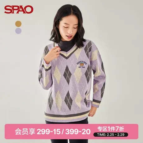 SPAO女士毛衣春季COCO小熊菱形格纹V领套头毛衣SPKWB4TI03商品大图