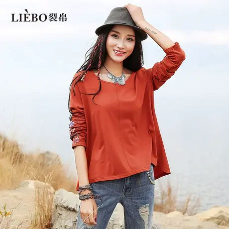 裂帛复古民族风刺绣oversize宽松大码长袖T恤女慵懒风休闲上衣潮商品大图