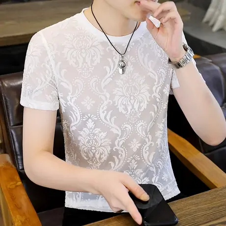 短袖男士t恤夏季潮牌个性镂空圆领上衣服ins夏装薄款冰丝质感体恤商品大图