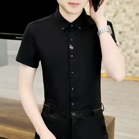 男士短袖衬衫夏季纯色时尚百搭休闲免烫商务男装纯色职业白黑衬衣商品大图