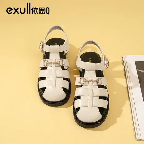 依思q女鞋2024夏季新款厚底罗马凉鞋女款外穿包头镂空休闲猪笼鞋商品大图