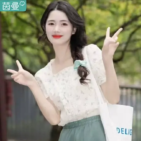 茵曼法式碎花方领衬衫2024新款纯棉短款衬衣夏天女款清冷气质上衣图片