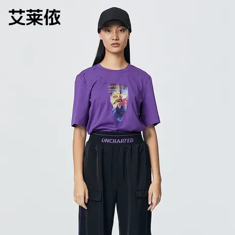 艾莱依短袖T恤女夏季新款时尚破洞圆领印花简约纯棉半袖打底上衣商品大图