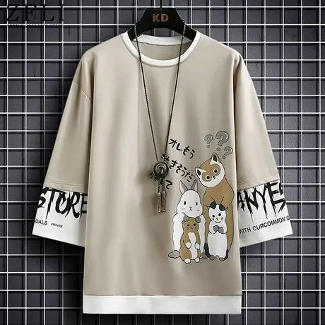 假两件t恤男士早春季新款七分袖体恤休闲宽松青少年夏季五分半袖T商品大图