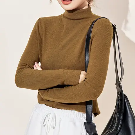 加绒磨毛半高领打底衫女2023秋冬装新款修身弹力纯色保暖长袖上衣商品大图