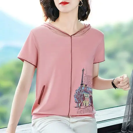 中年妈妈夏装上衣休闲连帽t恤女2023年新款优雅高贵印花宽松体恤商品大图