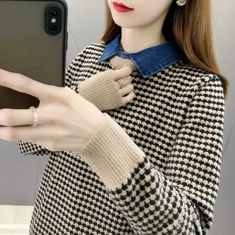 2022秋装新款女装牛仔领套头针织衫夹色长袖毛衣洋气外穿长袖上衣图片