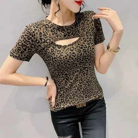 豹纹短袖女2023夏季性感镂空钉珠T恤设计感小众洋气修身上衣小衫图片