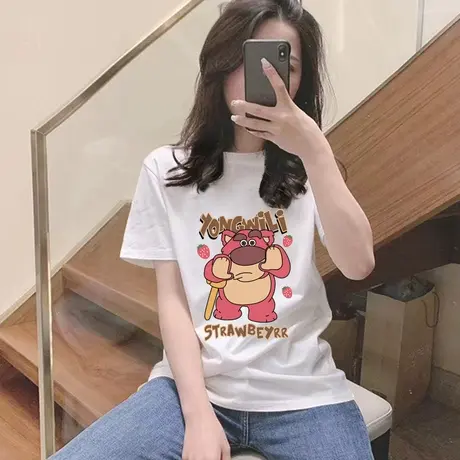小熊短袖t恤女上衣2023新款夏装潮牌减龄纯棉半袖体恤白色打底衫商品大图