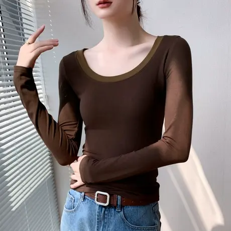 大圆领长袖T恤女2023早秋新品美拉德穿搭撞色莫代尔内搭打底衫薄商品大图