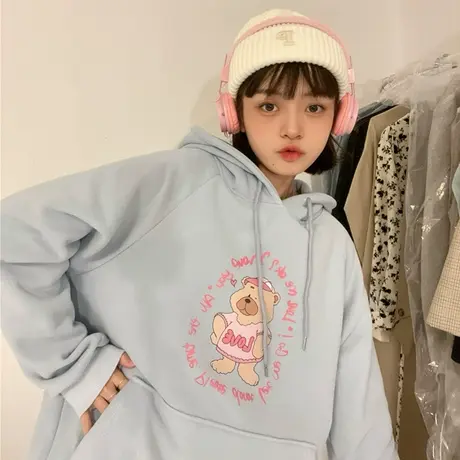 红续原创可爱小熊盐系少女加厚摇粒绒连帽卫衣女宽松慵懒风ins潮图片