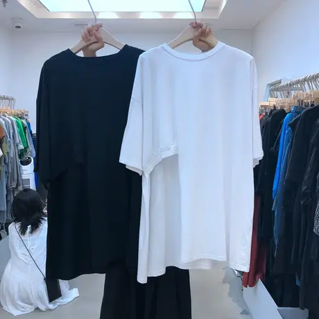 短袖t恤女夏季2020新款韩版宽松设计感小众中长款不规则百搭上衣商品大图