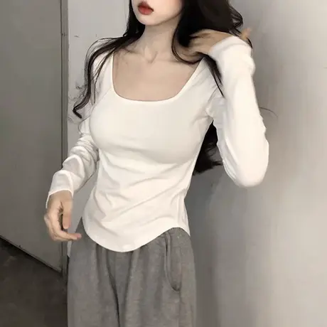 方领正肩纯欲风性感T恤长袖女初秋洋气百搭修身短款小个子上衣潮商品大图