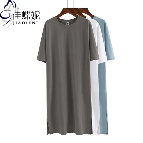 夏季新款韩版圆领加长款开叉修身短袖女装体恤纯棉纯色连衣裙T恤图片