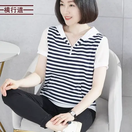 连帽半拉链条纹拼雪纺宽松短袖T恤女装2023新款夏装口袋休闲上衣图片