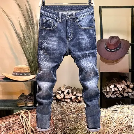 高端时尚印花牛仔裤男修身小脚裤秋冬款蓝色韩版休闲裤子潮流百搭商品大图