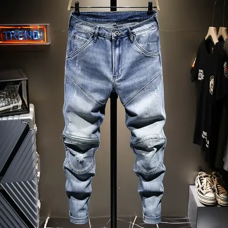 夏季潮牌薄款破洞牛仔裤男修身小脚百搭日系韩版浅色休闲长裤子男商品大图