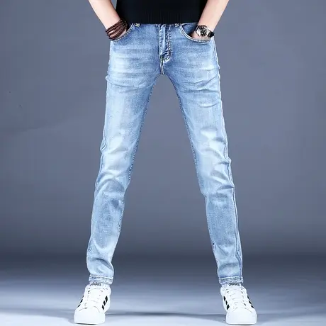 男士秋季浅色高档潮牌牛仔裤男款修身小脚裤子新款弹力百搭休闲裤商品大图