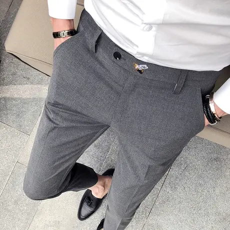 男士休闲西装裤夏天薄款冰丝透气九分裤男修身小脚帅气西服裤子潮商品大图