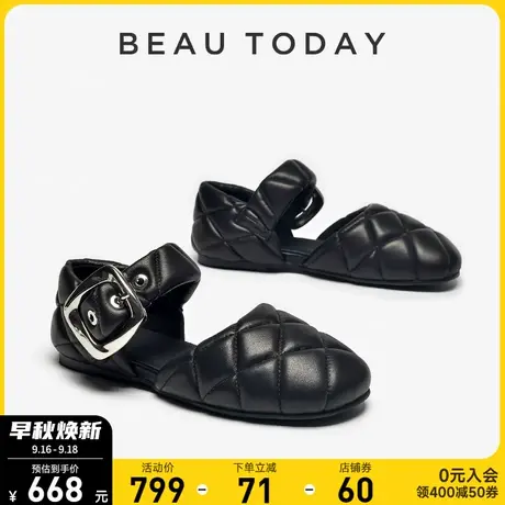 BeauToday一字带时装凉鞋BT包头女鞋复古新款单鞋夏季真皮平底鞋商品大图