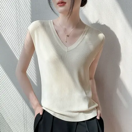 V领冰丝针织坎肩背心女夏洋气欧货百搭宽松休闲内搭透气无袖上衣商品大图