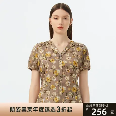 朗姿印花衬衫女夏季新款短袖宽松碎花衬衣女商场同款图片