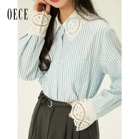 Oece设计感条纹衬衫2022秋冬季新款女装复古蕾丝拼接上衣女衬衣商品大图
