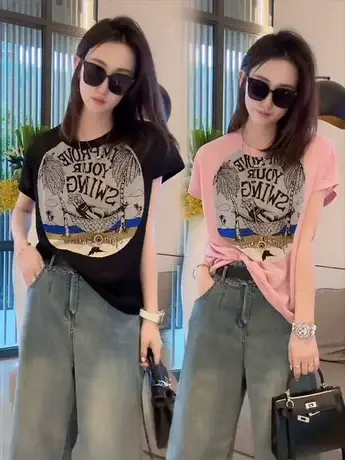 2023夏季新款短袖圆领T恤女气质印花宽松显瘦体恤洋气小心机上衣商品大图