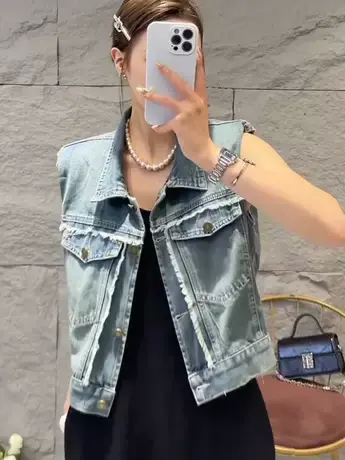 港风复古坎肩无袖马夹外套设计感毛边短款牛仔时尚洋气多巴胺马甲商品大图