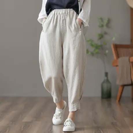 dza 高腰显瘦九分休闲棉麻裤子女士夏季新款宽松阔腿裤直筒亚麻裤商品大图