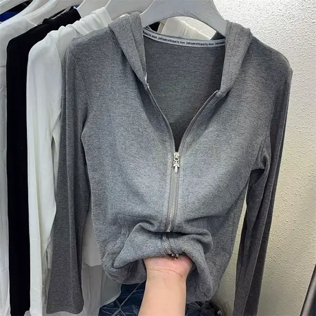 针织开衫外套女长袖T恤2023早秋新款连帽拉链欧货上衣修身打底衫图片