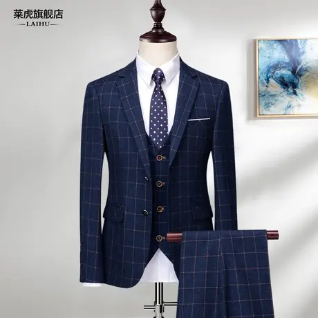 西服套装男士复古英伦风格子小西装潮流韩版修身正装新郎结婚礼服图片