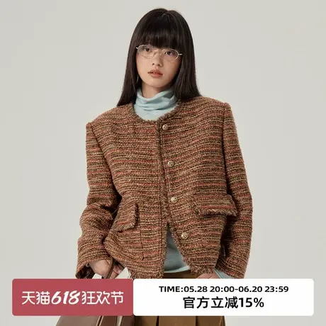omont蛋挞家 气质圆领小香风外套2025春季新复古粗花呢廓形短上衣图片