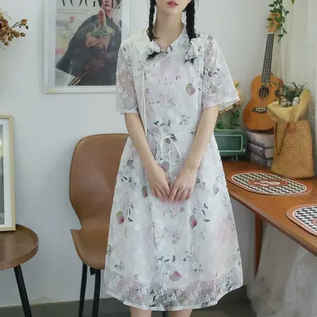 胖妹妹大码新中式复古优雅蕾丝印花旗袍连衣裙图片