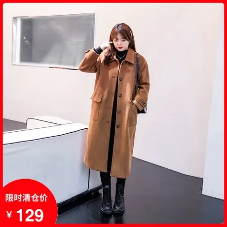 绮娑大码胖MM2023年秋季新款翻领显瘦气质直筒长款毛呢大衣外套厚商品大图