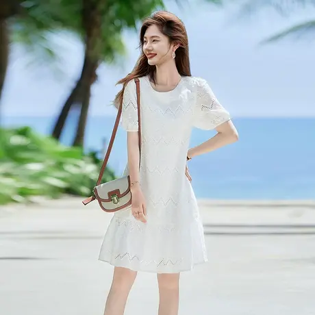 时尚短袖连衣裙2025年夏季新款女简约大气知性温柔淑女中长短袖裙图片
