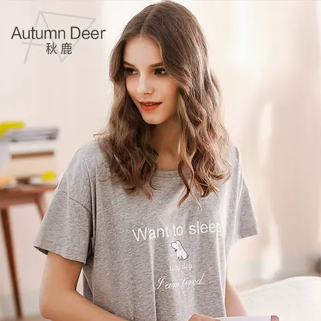 秋鹿短袖短裤家居服女夏季可爱甜美圆领套头纯棉睡衣少女全棉薄款商品大图