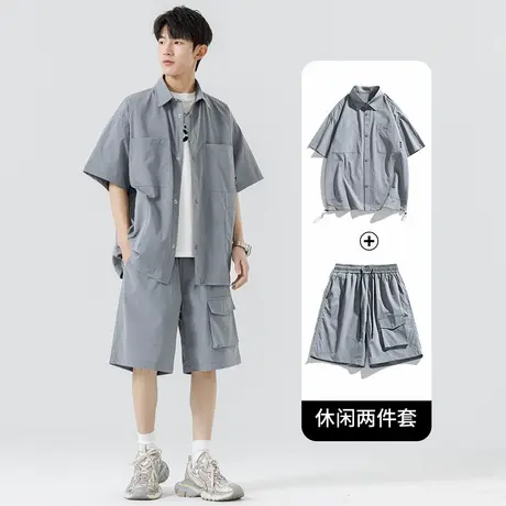 木林森休闲套装男夏季新款宽松翻领衬衫日系慵懒风潮牌短裤两件套图片