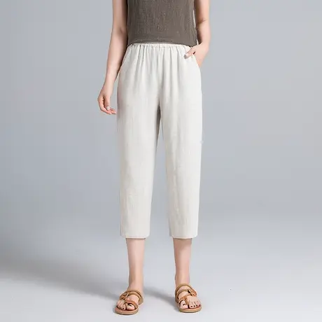 亚麻七分裤女夏季薄款加肥加大码女裤宽松高腰显瘦休闲棉麻哈伦裤商品大图