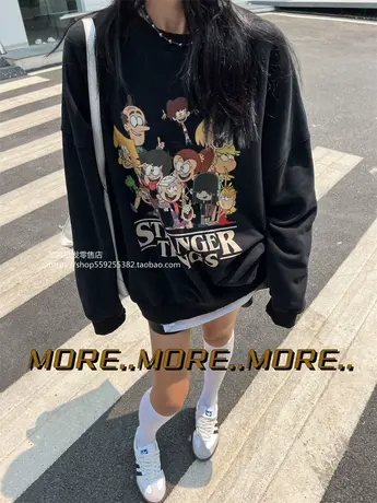 欧货复古加绒加厚卫衣女秋冬新款韩版宽松慵懒风oversize套头上衣商品大图