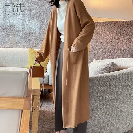 百洛安慵懒风长款过膝毛衣外套女秋冬新款宽松百搭长袖针织衫开衫图片